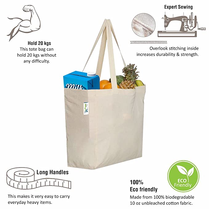 Plain Canvas Tote Bags, Cross-Stitched, Beige, side view