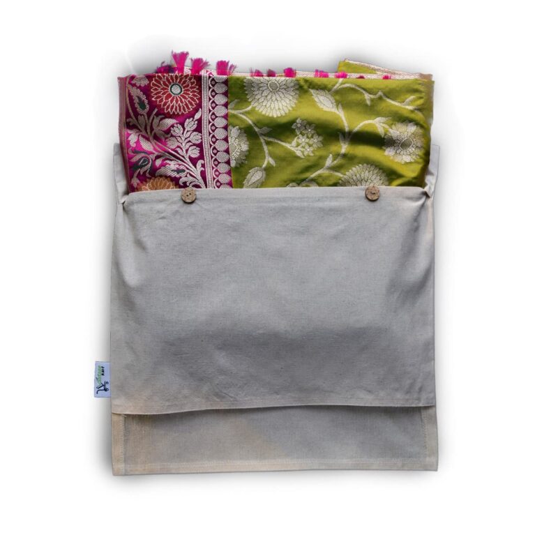 Cotton Saree Cover Bags with Button & Window, protecting a saree