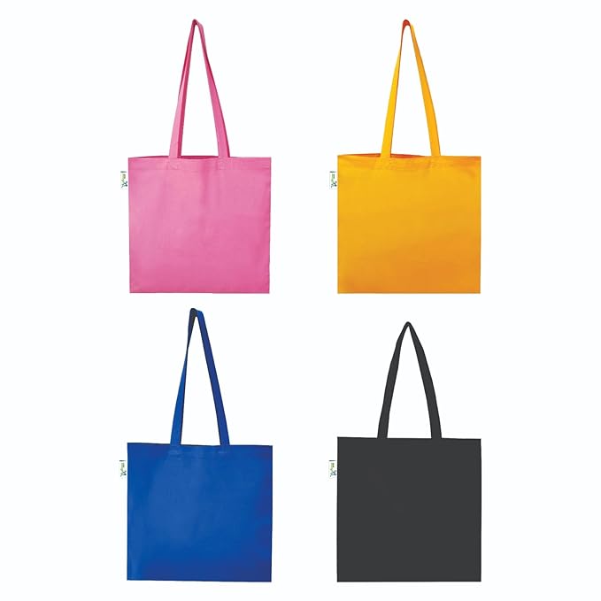 5 oz Plain Canvas Tote Bags, Black, Blue, Pink & Yellow – Set of 4, front view 5 oz Plain Canvas Tote Bags, Black, Blue, Pink & Yellow – Set of 4, front view