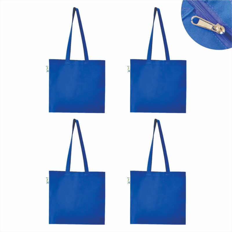 5 oz Plain Canvas Tote Bags with Zip, Blue – Set of 4, front view 5 oz Plain Canvas Tote Bags with Zip, Blue – Set of 4, front view