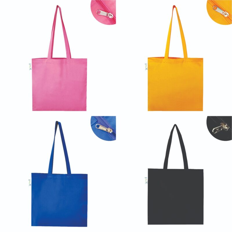 5 oz Plain Canvas Tote Bags with Zip, Black, Blue, Pink & Yellow – Set of 4, front view 5 oz Plain Canvas Tote Bags with Zip, Black, Blue, Pink & Yellow – Set of 4, front view