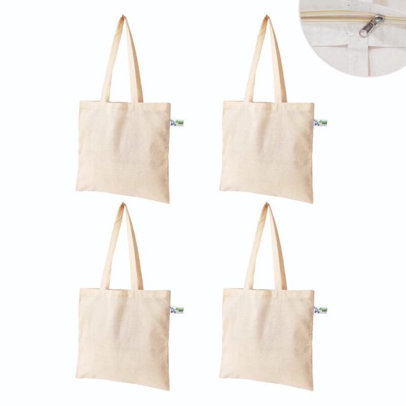 5 oz Plain Canvas Tote Bags with Zip, Beige – Set of 4, front view 5 oz Plain Canvas Tote Bags with Zip, Beige – Set of 4, front view