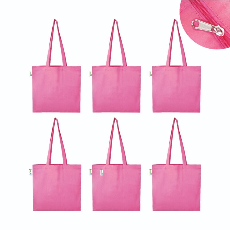 5 oz Plain Canvas Tote Bags with Zip, Pink – Set of 6, front view 5 oz Plain Canvas Tote Bags with Zip, Pink – Set of 6, front view