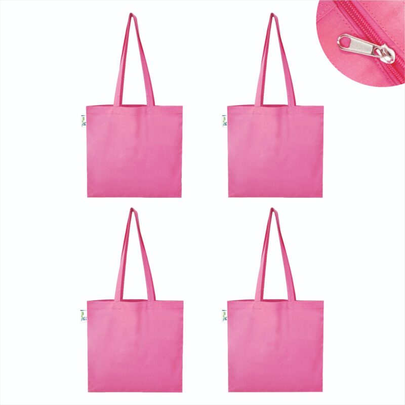5 oz Plain Canvas Tote Bags with Zip, Pink – Set of 4, front view 5 oz Plain Canvas Tote Bags with Zip, Pink – Set of 4, front view