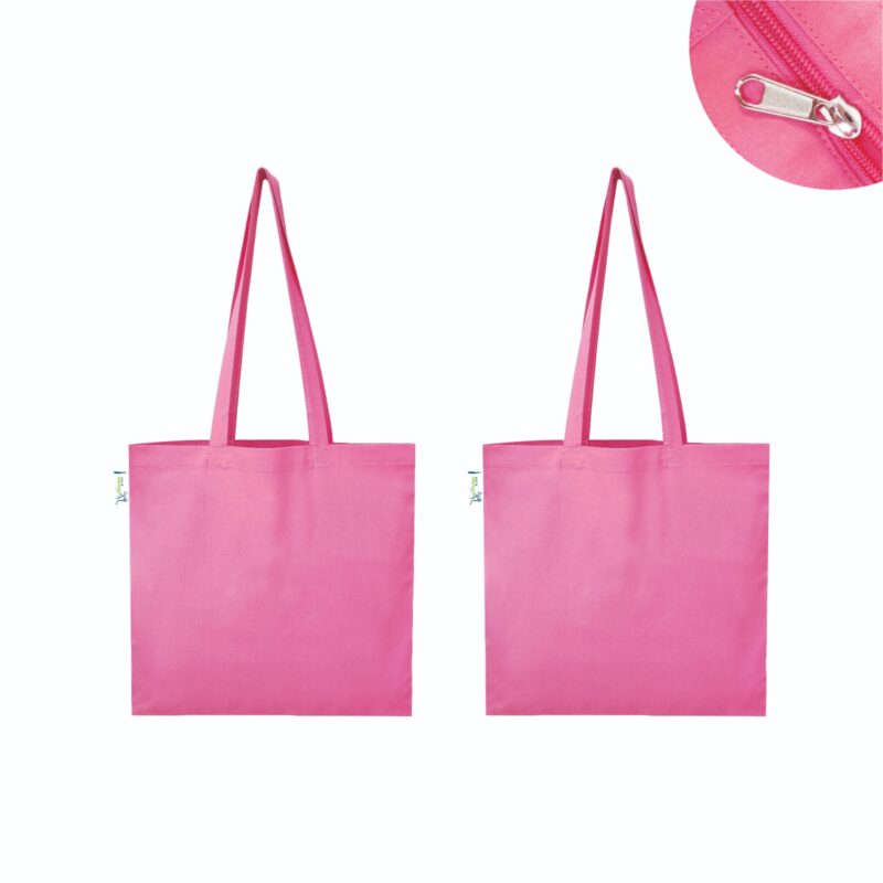 5 oz Plain Canvas Tote Bags with Zip, Pink – Set of 2, front view 5 oz Plain Canvas Tote Bags with Zip, Pink – Set of 2, front view