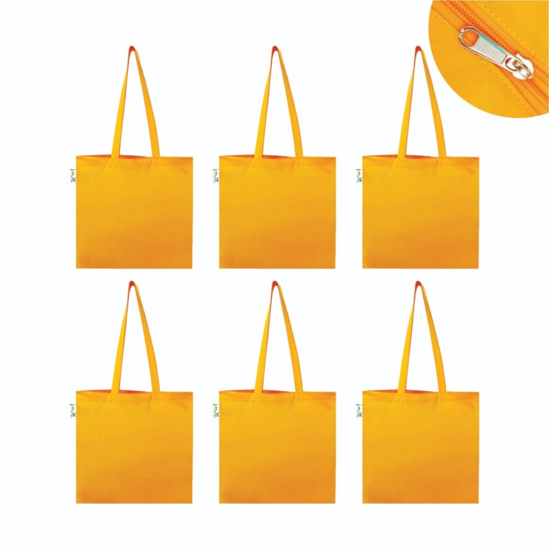 5 oz Plain Canvas Tote Bags with Zip, Yellow – Set of 6, front view 5 oz Plain Canvas Tote Bags with Zip, Yellow – Set of 6, front view