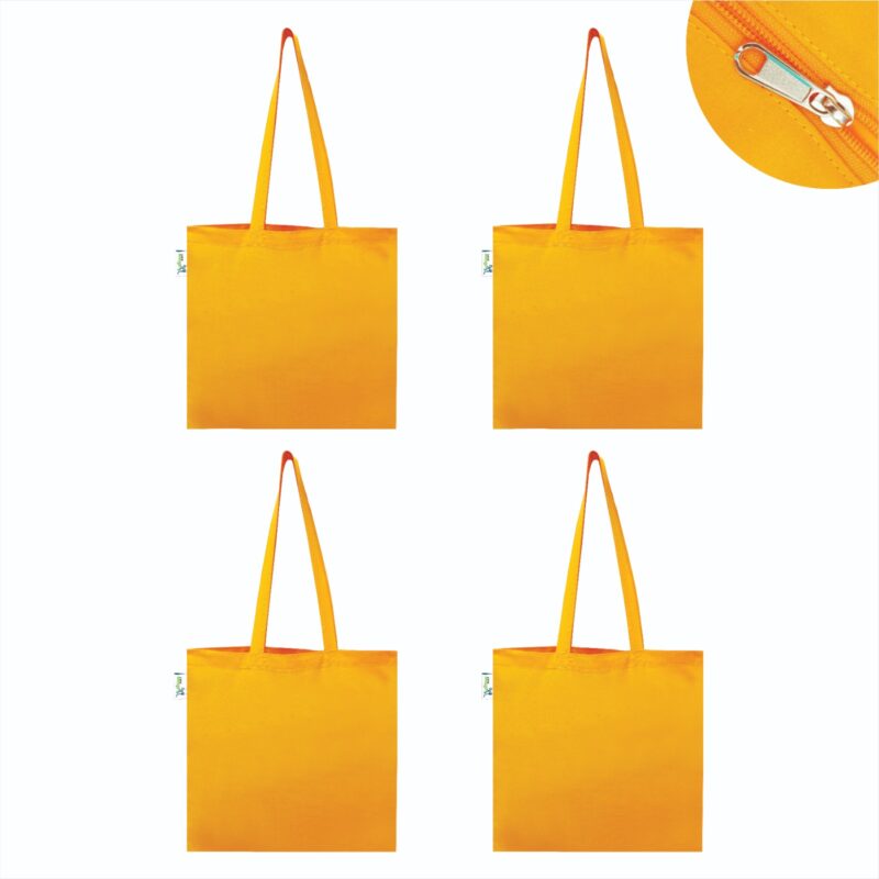 5 oz Plain Canvas Tote Bags with Zip, Yellow – Set of 4, front view 5 oz Plain Canvas Tote Bags with Zip, Yellow – Set of 4, front view