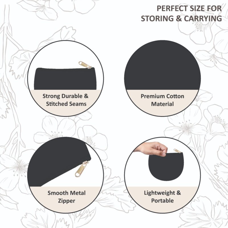 Plain Canvas Half Coin Pouch, Beige & Black, close-up of strong stitching Plain Canvas Half Coin Pouch, Beige & Black, close-up of strong stitching