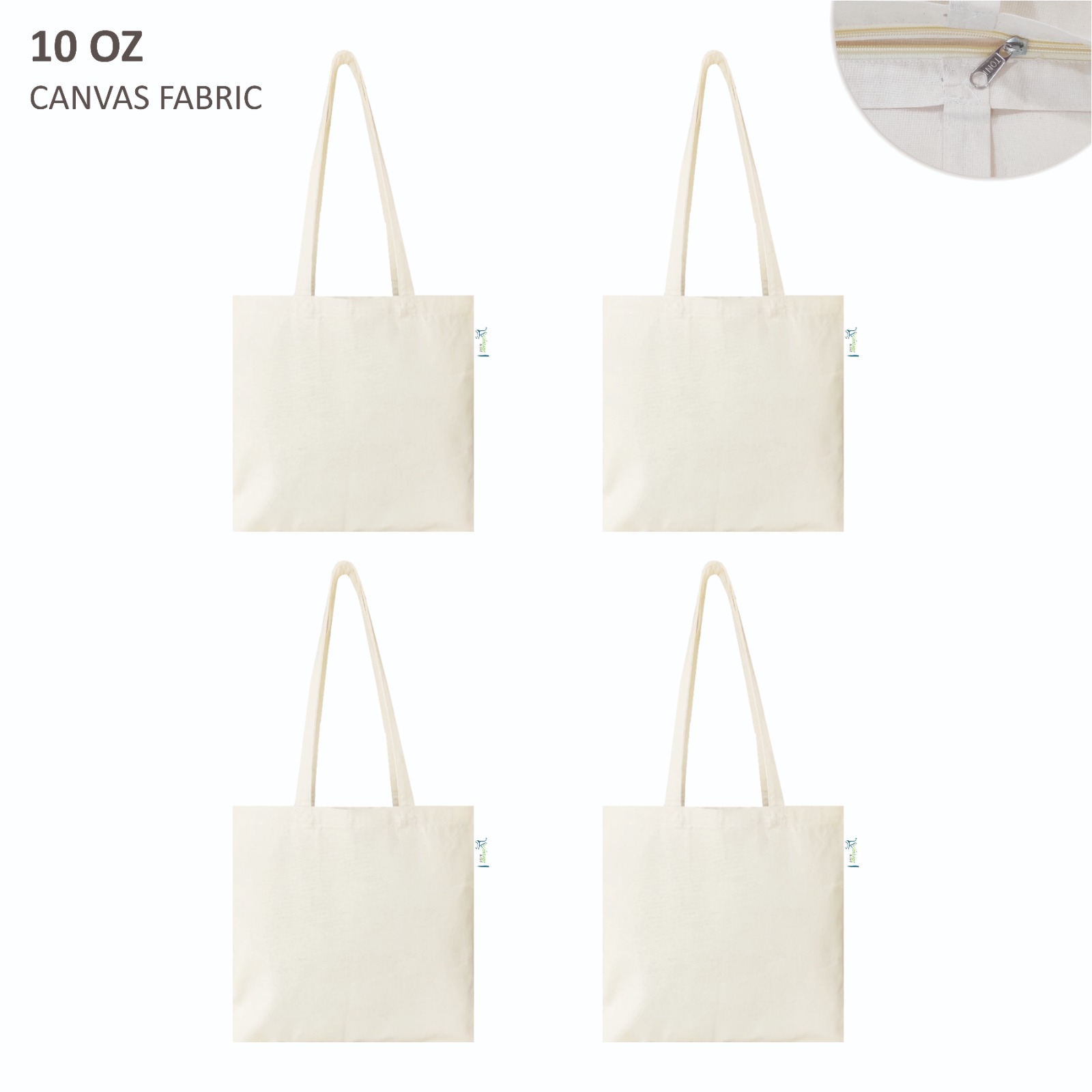 10 oz Plain Canvas Tote Bags with Zip, Beige 16x16 – Set of 4, front view
