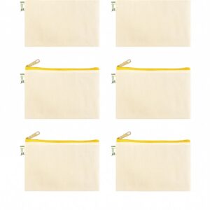 VantageKart Canvas Makeup & Pencil Pouch – Beige Cotton Case with Yellow Zipper | Multipurpose Organizer Pack of 6 for Artists & Students