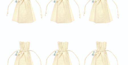 Plain Cotton Potli Bags 7x5 inch, Beige – Set of 6, front view