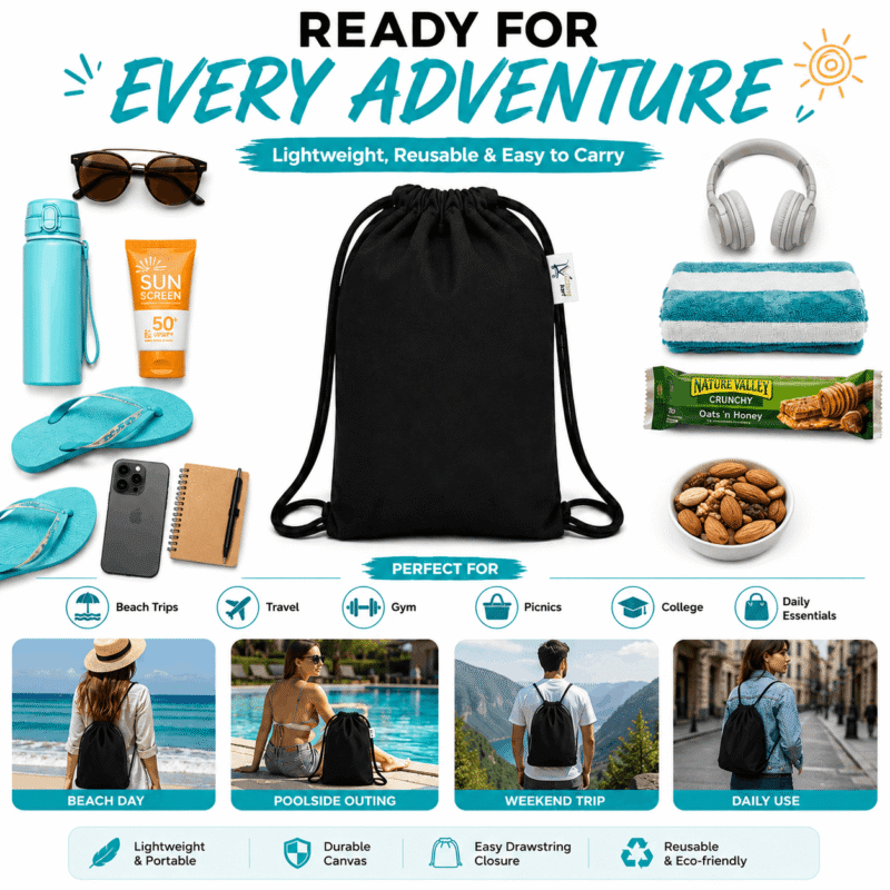 Black Canvas Drawstring Backpack, at the beach Black Canvas Drawstring Backpack, at the beach