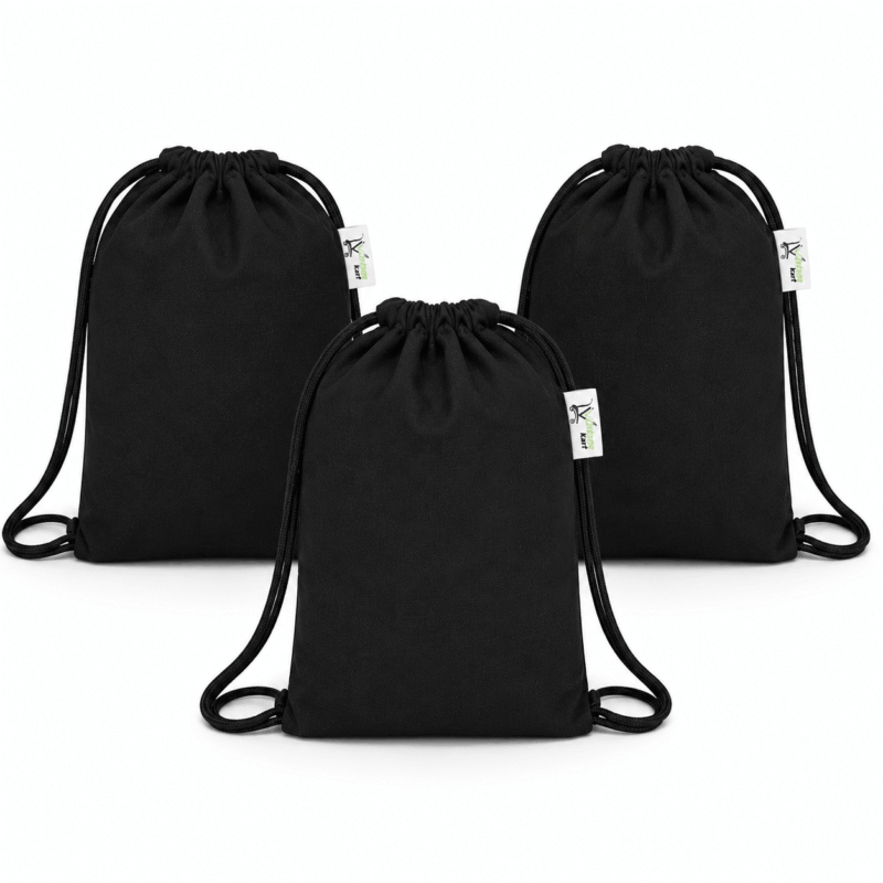Black Canvas Drawstring Backpack – Set of 3, front view Black Canvas Drawstring Backpack – Set of 3, front view