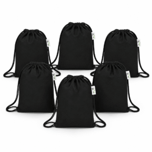 Black Canvas Drawstring Backpack – Set of 6, front view