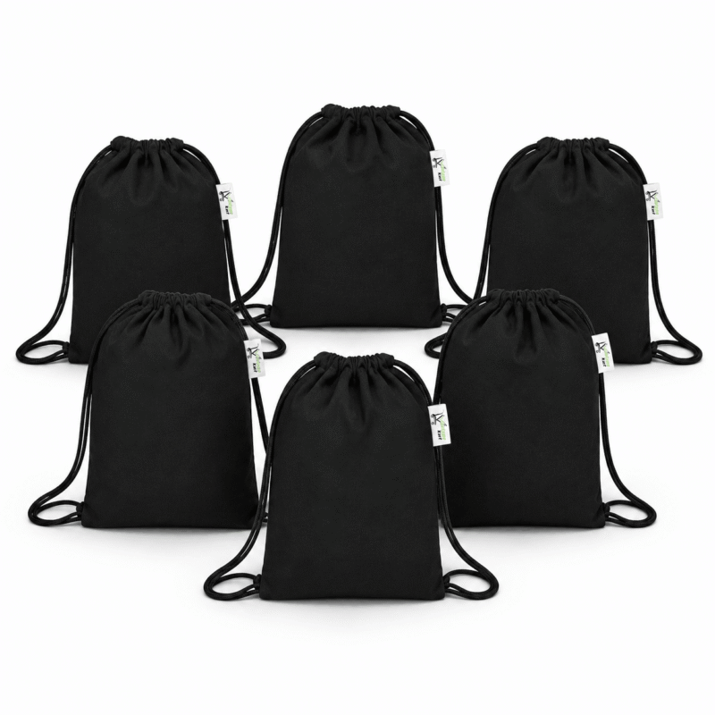 Black Canvas Drawstring Backpack – Set of 6, front view Black Canvas Drawstring Backpack – Set of 6, front view