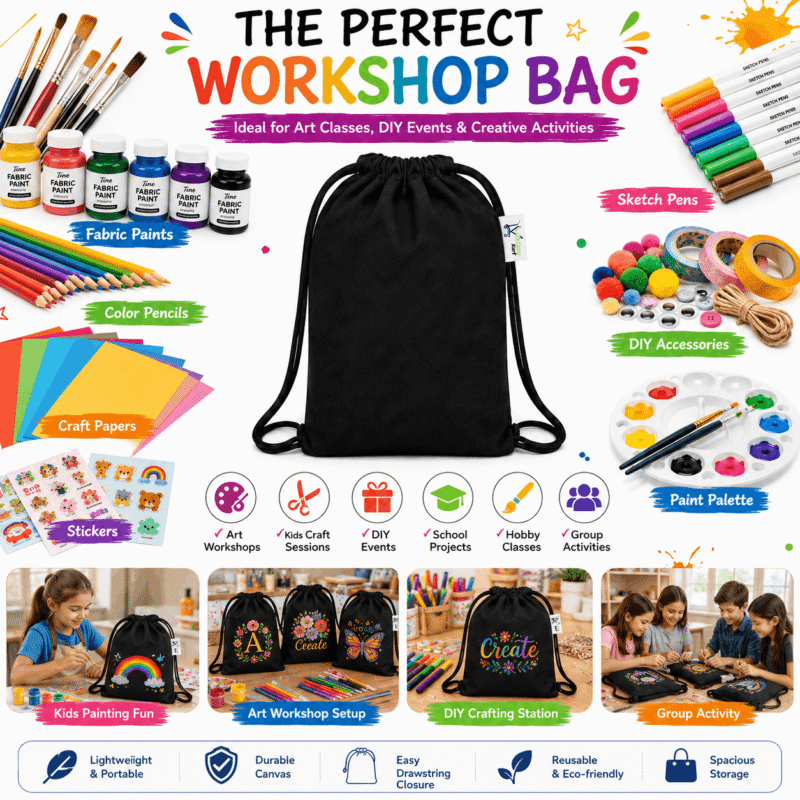 Black Canvas Drawstring Backpack, used at an art workshop Black Canvas Drawstring Backpack, used at an art workshop