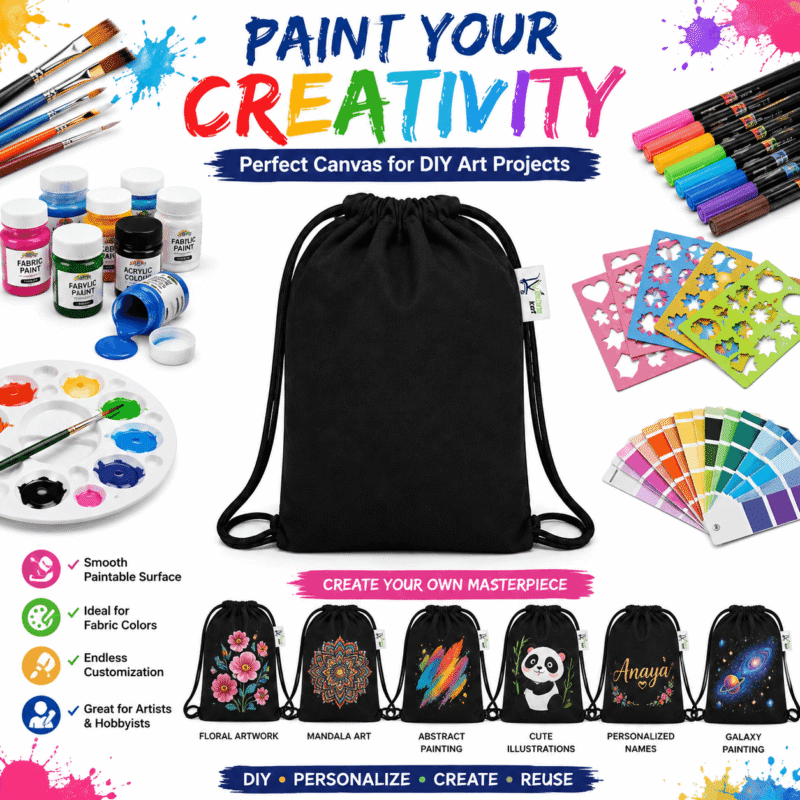 Black Canvas Drawstring Backpack, used by an artist Black Canvas Drawstring Backpack, used by an artist