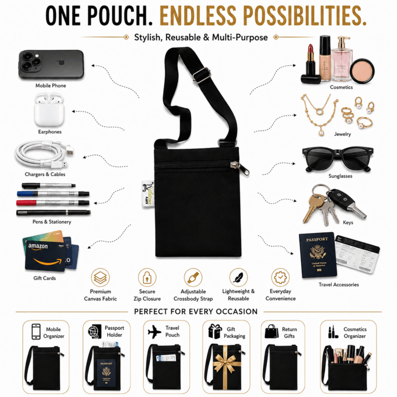 Canvas Mobile Sling Pouch with Zip, Black, showing different uses