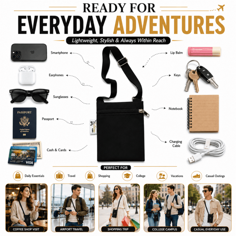 Canvas Mobile Sling Pouch with Zip, Black, lightweight and foldable
