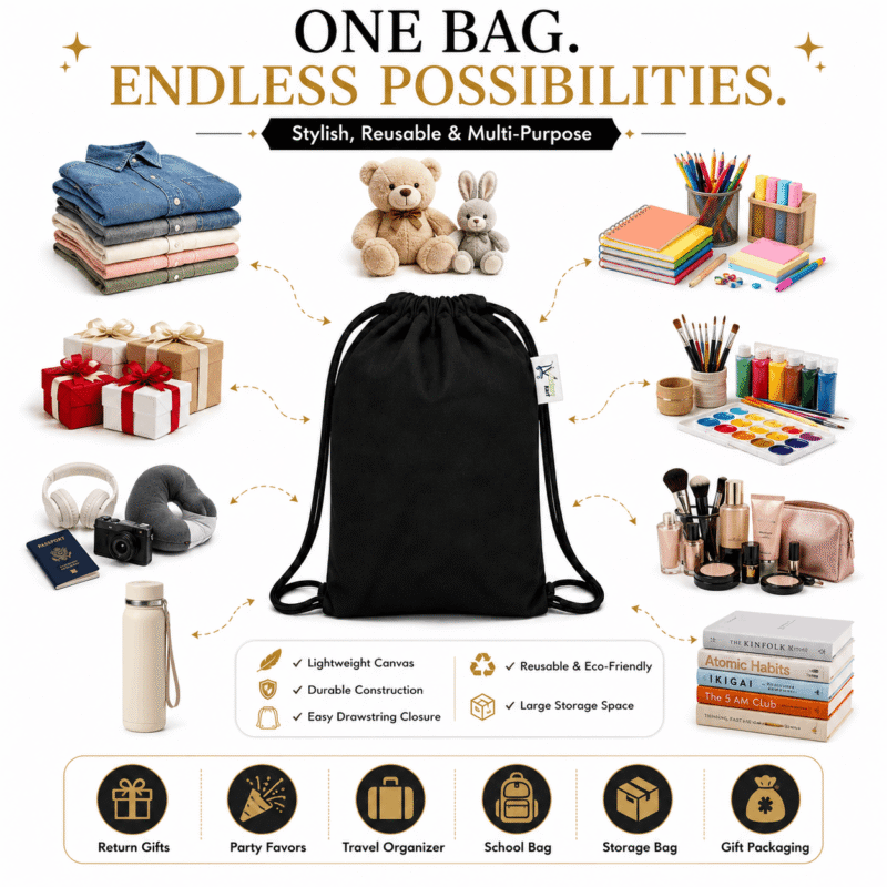Black Canvas Drawstring Backpack, showing different uses Black Canvas Drawstring Backpack, showing different uses