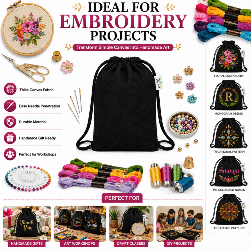 Black Canvas Drawstring Backpack, with hand embroidery Black Canvas Drawstring Backpack, with hand embroidery