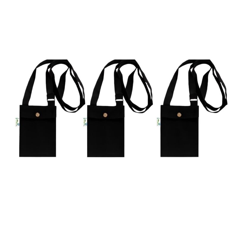 Canvas Mobile Sling Pouch with Button Flap, Black – Pack of 3, front view Canvas Mobile Sling Pouch with Button Flap, Black – Pack of 3, front view
