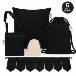 1 × Mobile Pouch , 1 × Pillow Cover , 1 × Drawstring bagpack , 1 × Toran - Black | 1 × Coin Bagpack Beige